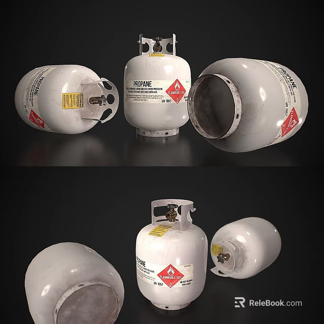 Industrial Gas Cylinders Showcasing Open Valve And Safety Labels From Multiple Angles 3d model 
