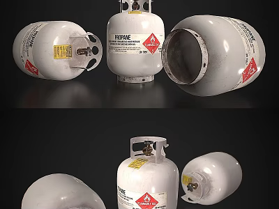 Industrial Gas Cylinders Showcasing Open Valve And Safety Labels From Multiple Angles 3d model