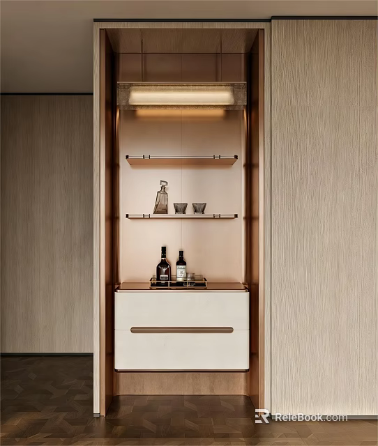 Modern Light Wood Sideboard with White Drawer Open Shelves Decorative Bottles Cups and Overhead Lighting 3d model 