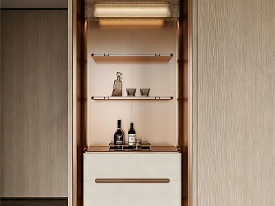 Modern Light Wood Sideboard with White Drawer Open Shelves Decorative Bottles Cups and Overhead Lighting 3d model