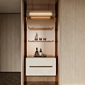 Modern Light Wood Sideboard with White Drawer Open Shelves Decorative Bottles Cups and Overhead Lighting