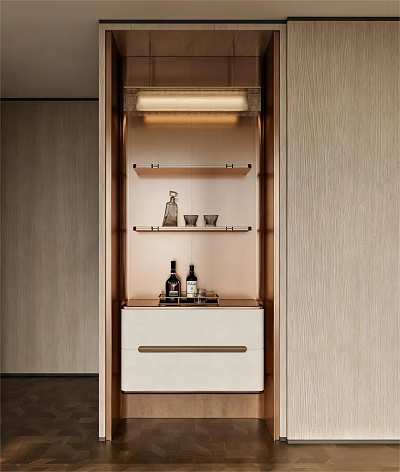 Modern Light Wood Sideboard with White Drawer Open Shelves Decorative Bottles Cups and Overhead Lighting 3d model