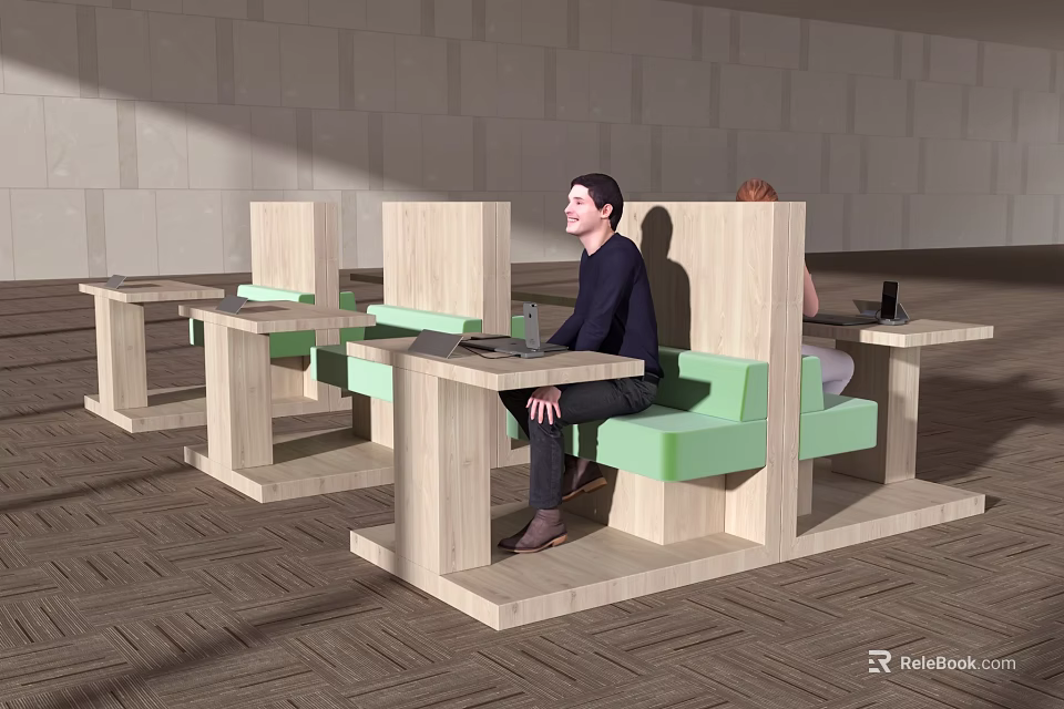 Modern Public Chairs With Wooden Frames And Light Green Seats In Public Area 3d model 