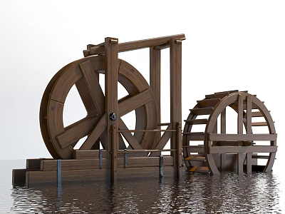 Garden Landscape Featuring Wooden Water Wheels Floating On Calm Water Surface 3d model