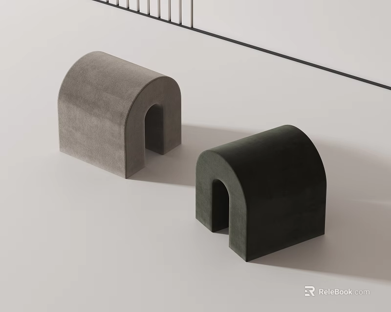 Two Arched Velvet Stools in Gray and Dark Green with Minimalist Light Background Design 3d model 
