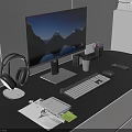Computer all-in-one keyboard mouse headset phone pen holder notepad hand drawing paper and pen coffee cup office stationery 3d model