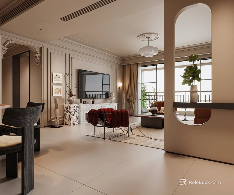 Elegant Living and Dining Room Interior Design With TV Sofa Chairs Mirror Plant and Window 3d model 