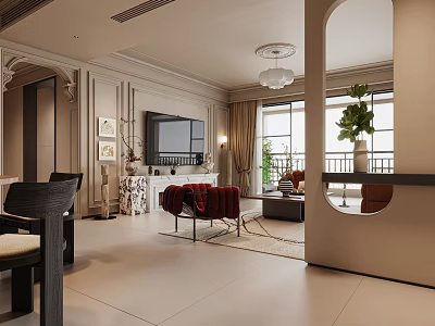 Elegant Living and Dining Room Interior Design With TV Sofa Chairs Mirror Plant and Window 3d model