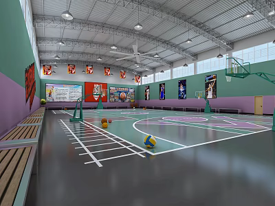 Indoor Basketball Court With Green Purple Walls Multiple Hoops Wooden Benches And Banners 3d model