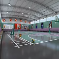 Indoor Basketball Court With Green Purple Walls Multiple Hoops Wooden Benches And Banners