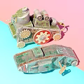 Vintage Green Toy Tank And Armored Vehicle With Red Gears On Pink Blue Background