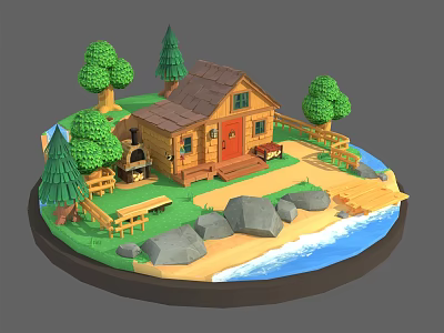 Cartoon Scene with Log Cabin Pine Trees Wooden Dock Sandy Beach Rocks and Water 3d model