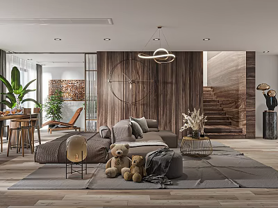 Modern Living Dining Room Interior With Wooden Wall Circular Pendant Light And Stuffed Teddy Bears 3d model