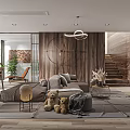 Modern Living Dining Room Interior With Wooden Wall Circular Pendant Light And Stuffed Teddy Bears