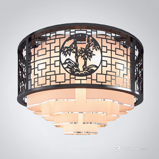 Chinese Style Ceiling Lamp with Carved Lattice and Bamboo Mountain Circular Pattern 3d model