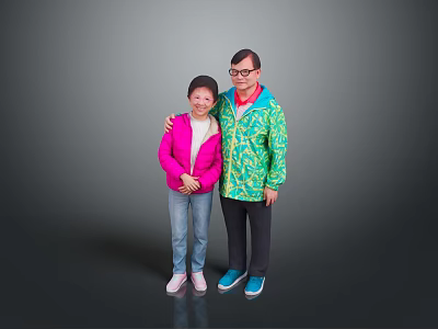 Two people standing closely with smiling expressions wearing pink and green jackets against gray background 3d model