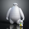 Large White Robot Character Standing With Small Kitten Holding Yellow Item 3d model