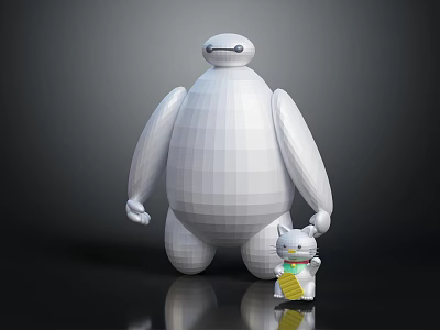 Large White Robot Character Standing With Small Kitten Holding Yellow Item 3d model