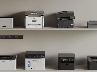 Office Appliances Collection Featuring Multiple Printers Neatly Arranged On Shelves 3d model