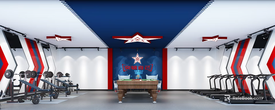 Sports Fitness Gym With Blue Ceiling Red Star Decorations Dumbbells Treadmills And Pool Table 3d model 