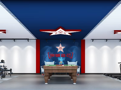 Sports Fitness Gym With Blue Ceiling Red Star Decorations Dumbbells Treadmills And Pool Table 3d model