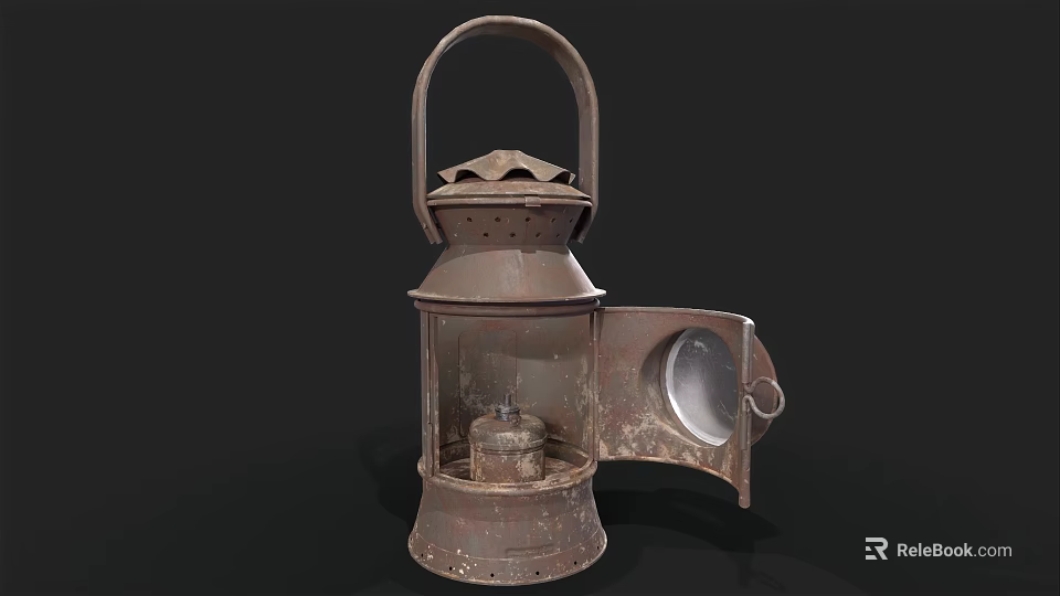 Vintage Kerosene Lantern With Rustic Design Metal Handle Open Side Door And Exposed Wick 3d model 