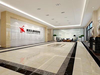 Modern Spacious Store Front Desk With Marble Floor Company Logo Wall And Green Plants 3d model