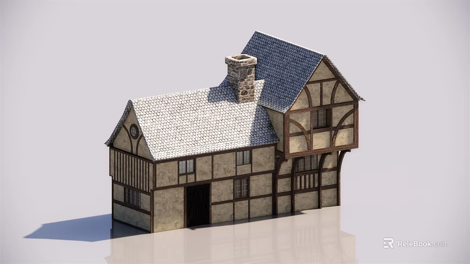 Tudor Style Detached House With Timber Frame Stone Walls And Sloped Roof 3d model 