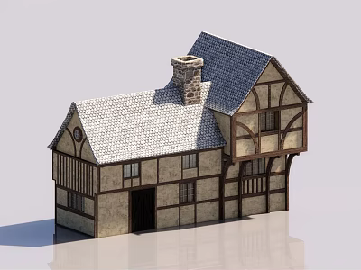 Tudor Style Detached House With Timber Frame Stone Walls And Sloped Roof 3d model