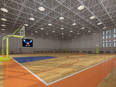 Indoor Basketball Court With Wooden Floor Basketball Hoop And Large Screen Lighting 3d model