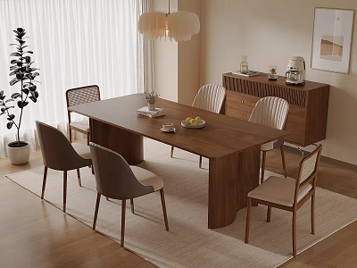 Modern Dining Room Setup With Wooden Table Chairs Cabinet Pendant Light Plant And Rug 3d model