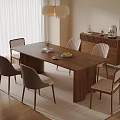 Modern Dining Room Setup With Wooden Table Chairs Cabinet Pendant Light Plant And Rug