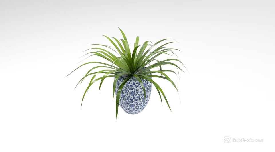Decorative Bonsai Potted Plant with Long Green Leaves in Blue and White Patterned Pot 3d model 