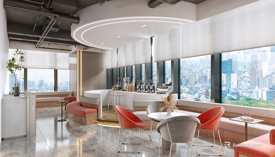Modern Lounge Area with Large Windows City View Red Gray Chairs Round Tables Bar Counter 3d model 