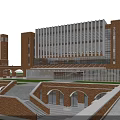 Red Brick School Building With Arched Windows Front Lawn And Symmetrical Towers Grand Facade Design