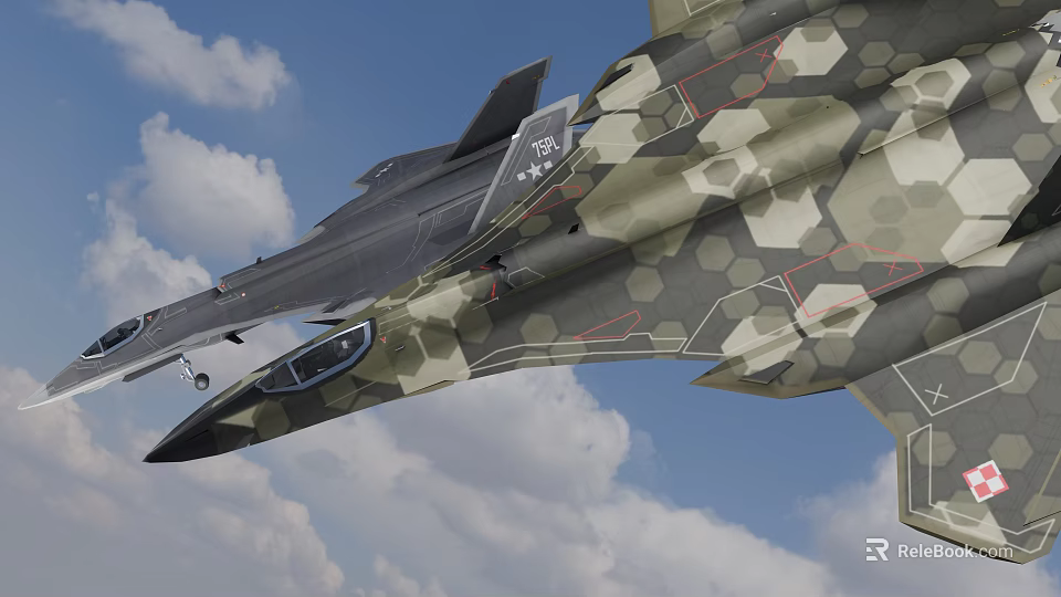 Military Camouflage Fighter Jets Flying In Blue Sky With Clouds 3d model 