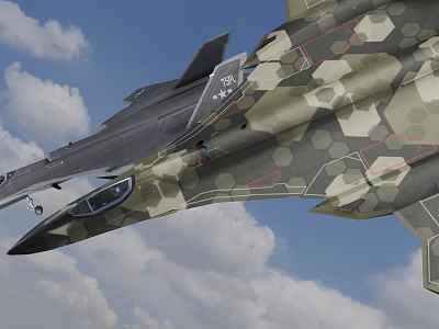 Military Camouflage Fighter Jets Flying In Blue Sky With Clouds 3d model