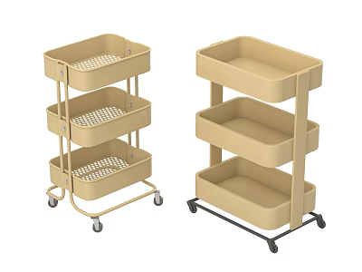 Beige Multi Tiered Storage Shelving Units With Mesh And Solid Trays On Wheels 3d model