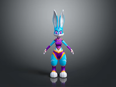 Vibrant 3D Game Animation Rabbit Character With Blue Ears Purple Eyes And Colorful Outfit 3d model