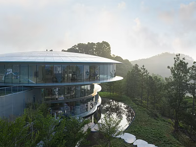 Modern Circular Building with Glass Curtain Walls Natural Surroundings Water Pond and Trees 3d model