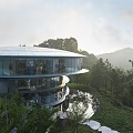 Modern Circular Building with Glass Curtain Walls Natural Surroundings Water Pond and Trees