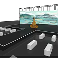 Stage Design with Colorful Lighting and Landscape Painting Backdrop Featuring Figure and White Blocks