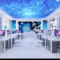 School Technology Classroom With Blue Starry Sky Ceiling Projector Bookshelves Computers and White Desks Chairs