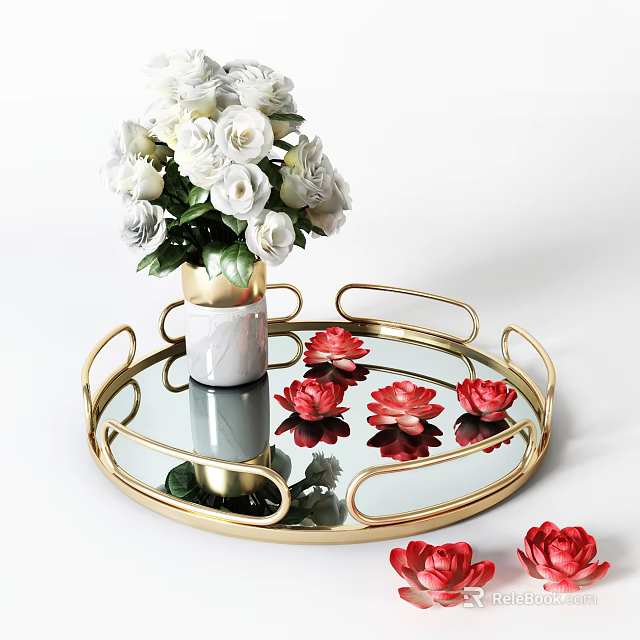 White Flowers In Ceramic Vase On Round Gold Glass Tray With Red Lotus Decorations 3d model 