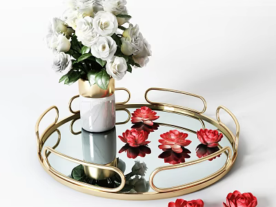 White Flowers In Ceramic Vase On Round Gold Glass Tray With Red Lotus Decorations 3d model