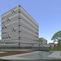 Modern Office Building With Glass Facade Multiple Floors And Landscaped Courtyard Water Feature