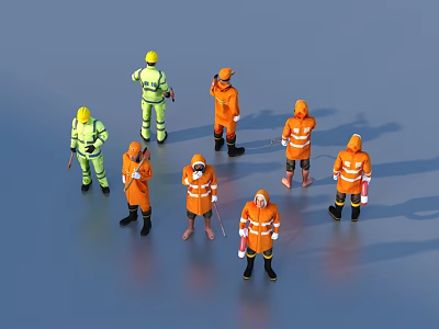 Group of Workers in Orange And Yellow Safety Uniforms with Reflective Strips Standing Together 3d model