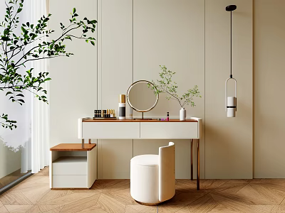 Modern Dressing Vanity With Round Mirror Cosmetics Potted Plants And Pendant Light 3d model