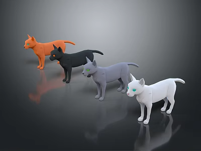 Various Colored Cat Toy Figurines Standing On Dark Reflective Background 3d model