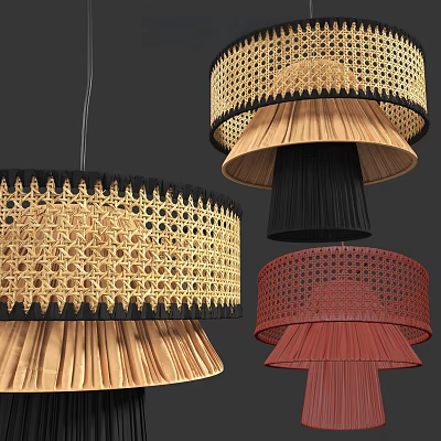 Artisanal Handwoven Chandeliers in Beige Black Red with Mesh Fringes and Pleats 3d model